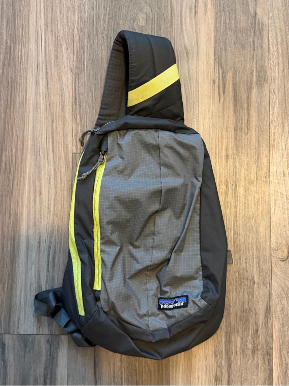 Patagonia Gray ultralight Sling Pack with Neon Yellow Accents